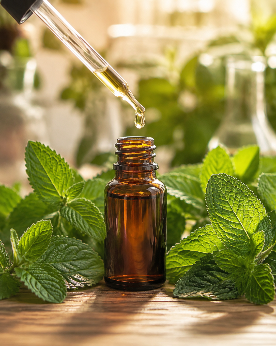 Frasco com extrato fitoterápico e plantas medicinais